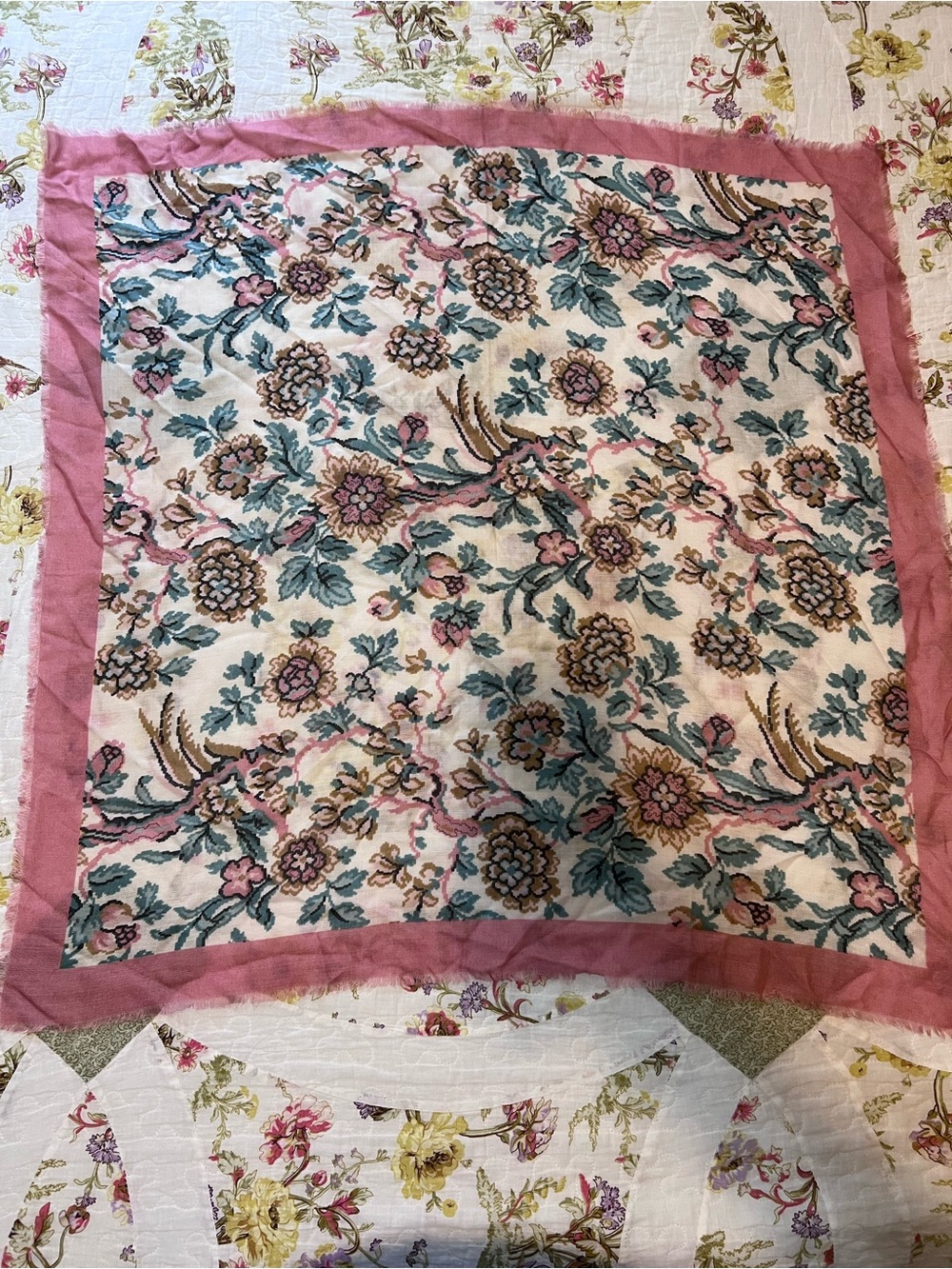 Vintage Glentex Pink Floral Square Scarf Fringed Edge Tapestry Style Japan 28"
